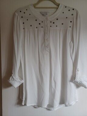 Tribal White Long-Sleeve Henley with Metallic Stud Yoke